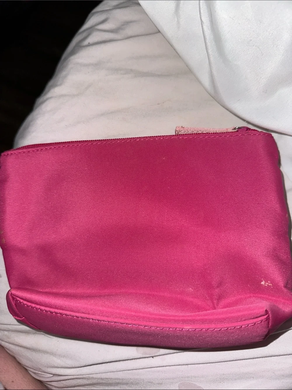 CC Boutique Fuchsia Cosmetic Pouch with Pale Pink Heart Trim and mirror like new